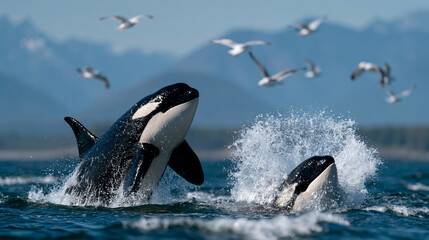 Fototapeta premium two orcas are breaching from the sea, one on the left showing its entire body above the water, the other on the right partially submerged in a large splash. the ocean is blue with