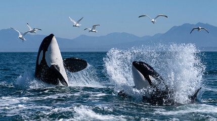 Naklejka premium two orcas are breaching from the sea, one on the left showing its entire body above the water, the other on the right partially submerged in a large splash. the ocean is blue with