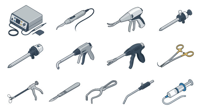 Isometric Laparoscopic Surgical Instrument Icon Set, Vector Medical Surgery Tools and Equipment for Healthcare Infographics, Hospital Presentation Templates, and Clinic Web Design