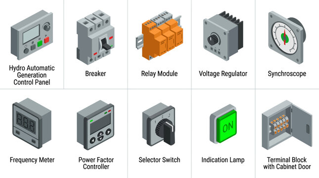 Isometric Electrical Control Panel and Power Component Icon Set, Featuring Breaker, Relay, Voltage Regulator, and Industrial Automation Equipment Vector Illustration