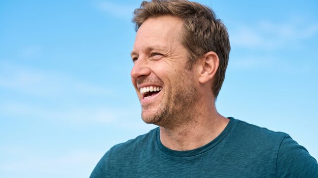 A smiling Caucasian man enjoying the outdoors against a bright blue sky.
