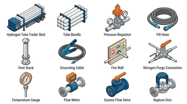 Isometric Hydrogen Refueling and Gas Piping Equipment Icon Set, Vector Illustration of Industrial Valves, Gauges, Tube Trailer, and Safety Components for Clean Energy Presentation Materials