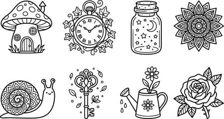 Fantasy Doodle and Magical Object Illustration Set with Mushroom House Clock Mandala Rose Snail Decorative Key and Mystic Vector Collection © MdSumon