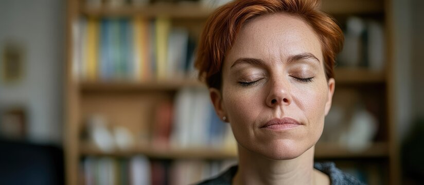 Woman meditates peacefully in home library with eyes closed