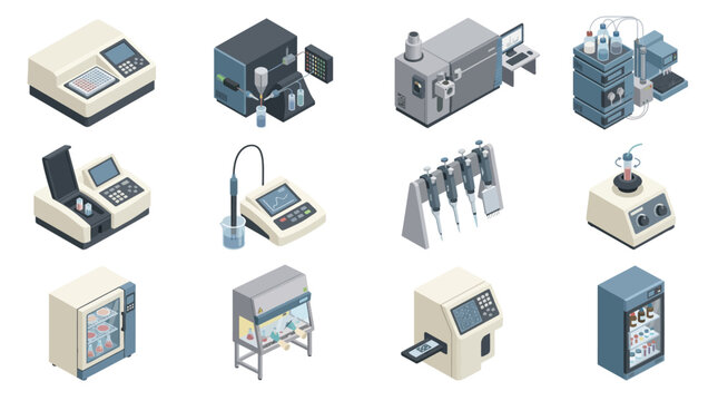 Isometric Laboratory Equipment Icon Set for Science, Biotech, and Medical Research. Vector Illustration of Lab Devices, PCR Machine, Pipette, Centrifuge, Incubator, and Fume Hood for Infographics