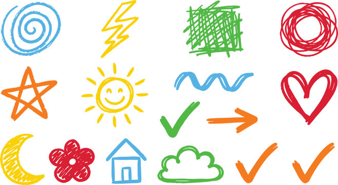 Hand Drawn Doodle Symbol Collection with Sketch Icons Heart Star Arrow Sun Cloud Check Mark and Creative Vector Illustration Set