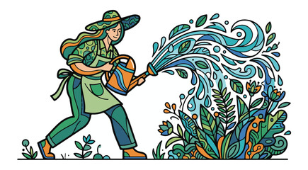 Female gardener watering lush plants with a watering can vector illustration for gardening and nature themes © Andikia