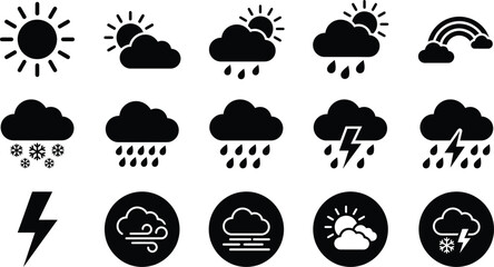 Naklejka premium Silhouette weather icons set in black silhouette style on white background for design