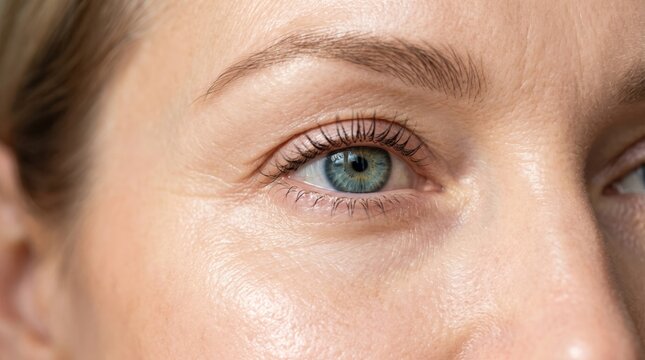 Close-up of a woman's eye with striking blue iris and natural skin tone, showcasing the beauty of clear, healthy skin.