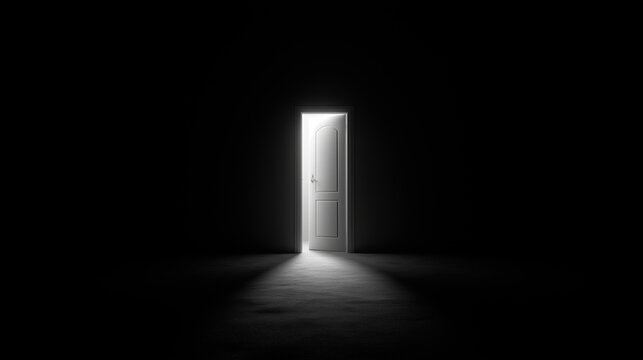 an open white door in a dark empty space.  a dark room with light from an open door