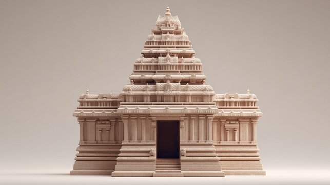 3D model of South Indian Dravida style Hindu temple with tiered pyramidal vimana tower, detailed stone carvings and pillared mandapa entrance in warm sandstone finish.