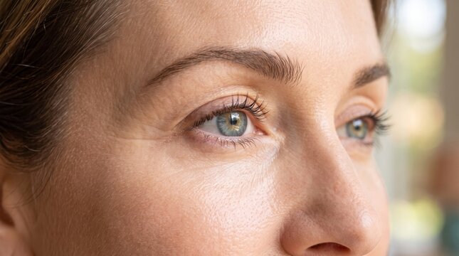 Close-up of a woman's face, showcasing her striking blue eyes and natural beauty in soft lighting.