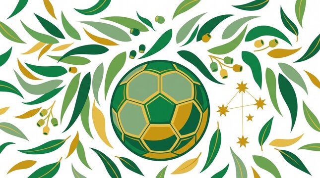 Australia Soccer Crest Vector with Eucalyptus Leaves and Southern Cross Constellation, Australian Football Ball Emblem in National Green and Gold Colors, Sport Apparel Graphic Element