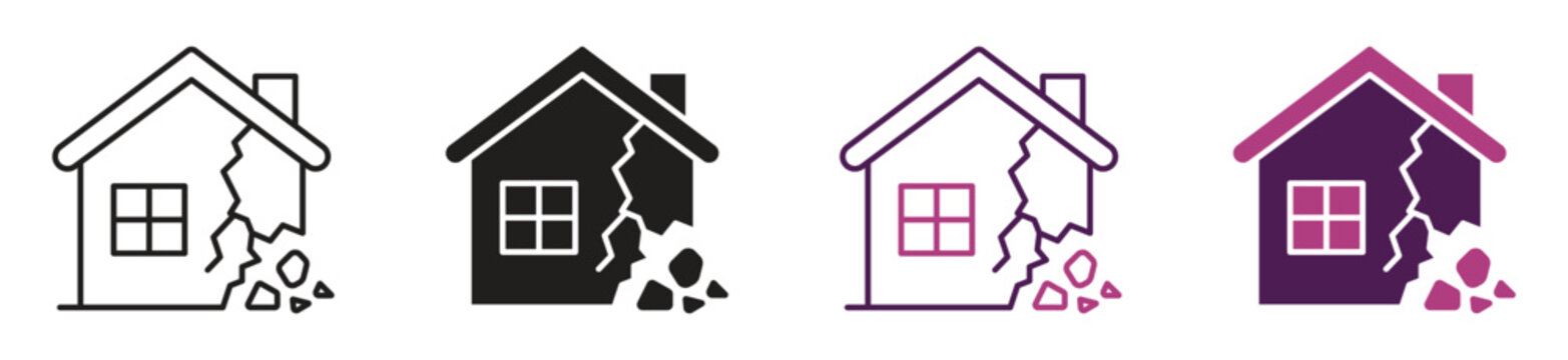 Property damage icon set. Cracked house illustration for natural disaster warning. Vector illustration.
