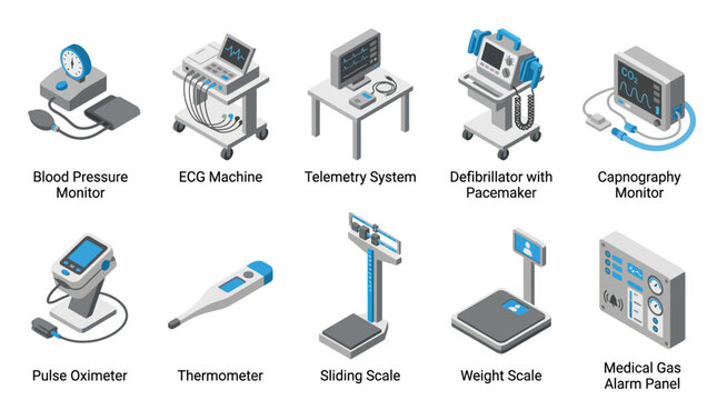 Isometric Medical Equipment Icon Set for Healthcare and Hospital Infographics, Featuring ECG Machine, Defibrillator, Pulse Oximeter, Thermometer, and Blood Pressure Monitor Vector Illustrations
