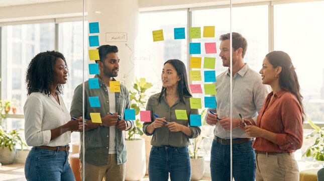 Diverse business team collaborating in a bright office, discussing ideas on sticky notes during a brainstorming session.