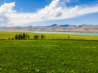 Fototapeta premium Aerial View of Kalatuohai Lake and Reservoir in Yili, Xinjiang, China