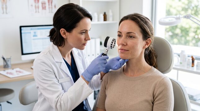 A female dermatologist examines a woman's skin using a dermatoscope, emphasizing a professional healthcare setting.