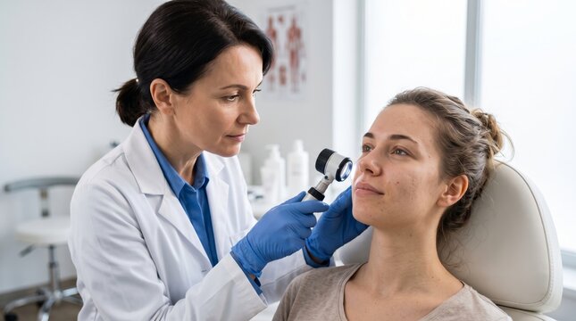 A female dermatologist examines a young woman's face in a modern clinic, focusing on skin health and wellness.