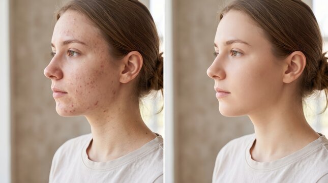 A young Caucasian female before and after skincare treatment, showcasing a significant improvement in skin clarity and complexion.