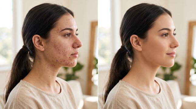 A female with a before-and-after skin transformation, showcasing clear skin and renewed confidence, in a bright and serene indoor setting.