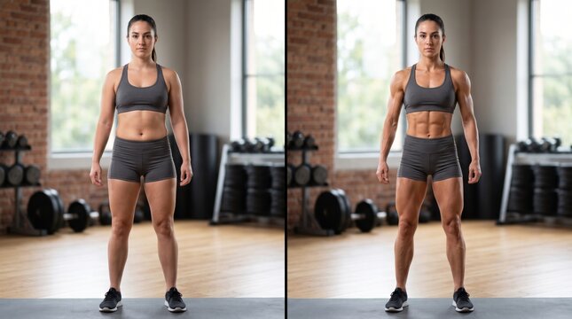 Female athlete showcasing strength transformation in a gym setting, emphasizing her athletic physique and dedication to fitness.