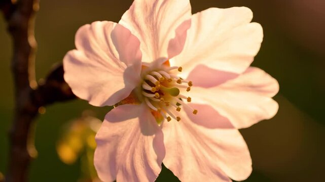 A delicate pink cherry blossom unfurls with soft backlighting during springtime while petals glow gently in the warm sunlight