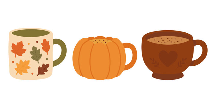 Autumn mug set featuring pumpkin shaped cup fall leaves print and coffee cocoa ceramic teacup on white background for seasonal cafe menu thanksgiving greeting card sticker pack