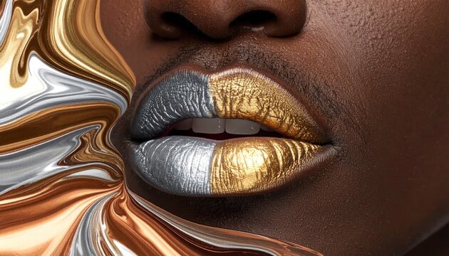 Close up of artistic gold and silver lips.