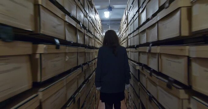 Document storage area. An archivist walks between rows of shelving units filled with folders and boxes.