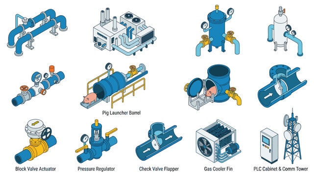 Isometric Industrial Pipeline and Gas Processing Equipment Icon Set featuring Valves, Pipes, Regulators, and Refinery Infrastructure for Engineering Infographics