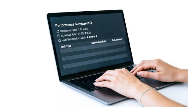 A woman's hand working with a digital assistant represented by a clean, sharp text-based interface, professional, white background.