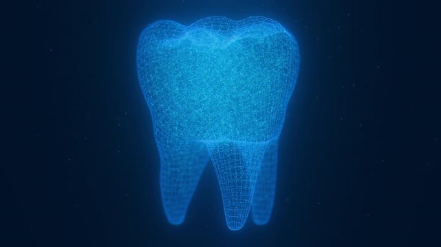 Rotating digital tooth constructed with glowing points, dots. Tooth with flowing data particles. Dental science technology animation. Digital dental scan analysis. Health care concept.