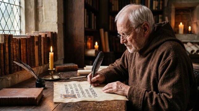 Elderly Caucasian monk writing on parchment by candlelight, immersed in historical literature in a cozy library setting.