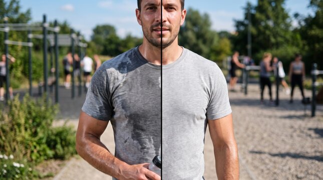 A determined Caucasian male athlete, visibly sweaty on one side, stands contrastively against a clean side, symbolizing hard work and fitness.