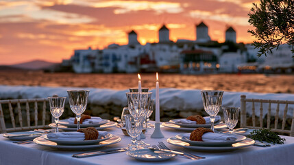 Fototapeta premium A close-up shot of an elegant beachfront dining table at sunset in Mykonos Greece, white tablecloth, minimalist white dinnerware, crystal glassware, woven napkin rings, two slim wh