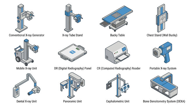 Isometric Medical X-Ray and Radiography Equipment Icon Set, Vector Illustration of Diagnostic Imaging Machines, Dental Panoramic and Bone Densitometry Devices for Healthcare Infographics