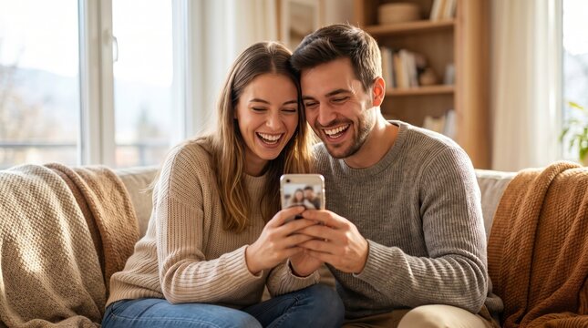 A joyful young couple enjoying a moment together, laughing as they look at their phone in a cozy living room.