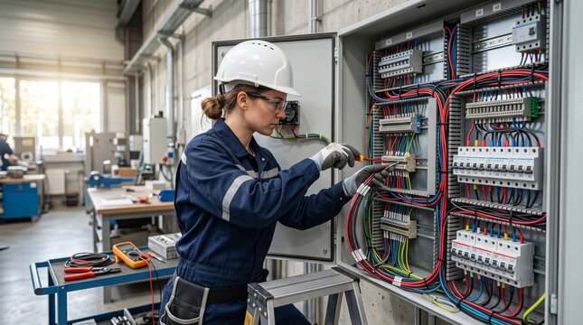 A focused female electrician, wearing a hard hat, works on a control panel in a bright, modern workshop.