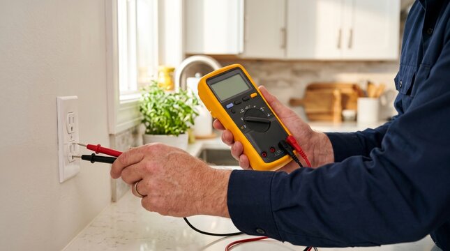 A man testing an electrical outlet with a digital multimeter in a bright kitchen, showcasing home maintenance skills.