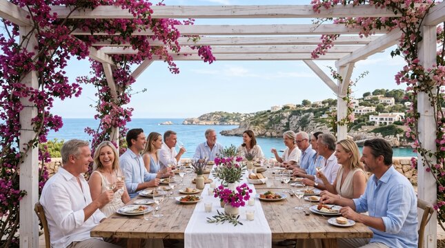 A joyful multi-generational family gathering outdoors, enjoying a delicious meal amidst blooming bougainvillea and stunning coastal views.