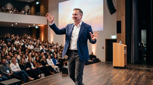 Male speaker engaging an audience during a conference, showcasing enthusiasm and professionalism.
