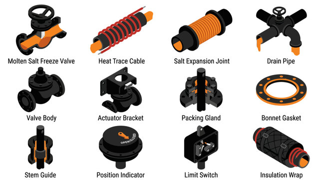 Isometric Industrial Valve and Piping Component Icon Set with Molten Salt Freeze Valve, Heat Trace Cable, and Expansion Joint Labels for Engineering Infographics and Technical Diagrams