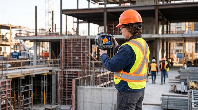 A male construction worker, wearing a hard hat and safety vest, uses a thermal camera on a construction site.