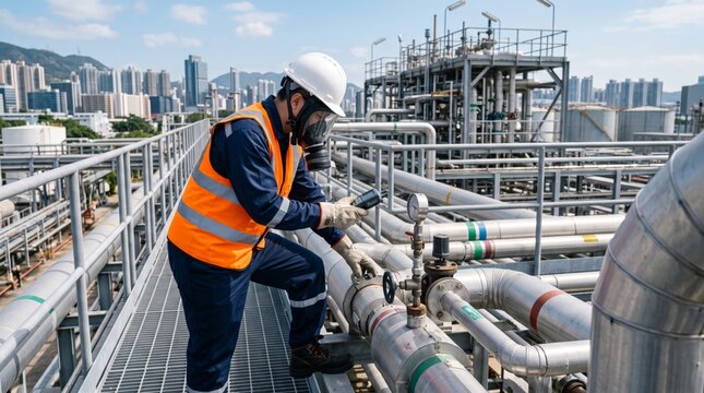 Asian male engineer in safety gear using a smartphone at a chemical plant, surrounded by pipes and industrial skyline.