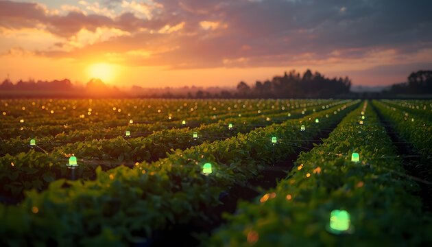 Smart agriculture field featuring glowing electronic sensors in rows of crops under a sunset sky for innovative automated precision farming technology systems