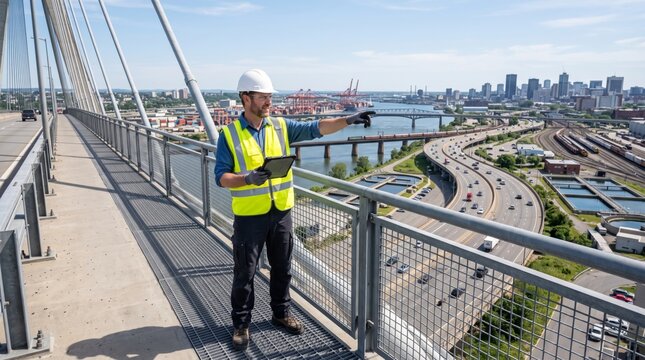 A male construction worker, wearing a hard hat and safety vest, inspects a view from a bridge, using a tablet for work.