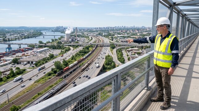 A male engineer in a hard hat and safety vest surveys the urban landscape from a high vantage point, pointing towards the busy highway below.