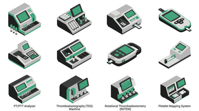Isometric Medical Laboratory Equipment Icon Set featuring Coagulation Analyzers, TEG Machine, ROTEM, and Platelet Mapping Systems for Healthcare Infographics and UI Design