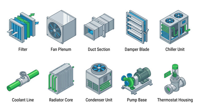 Isometric HVAC system components icon set including air filter, fan plenum, duct section, damper blade, chiller, coolant line, radiator, condenser, pump base, and thermostat housing